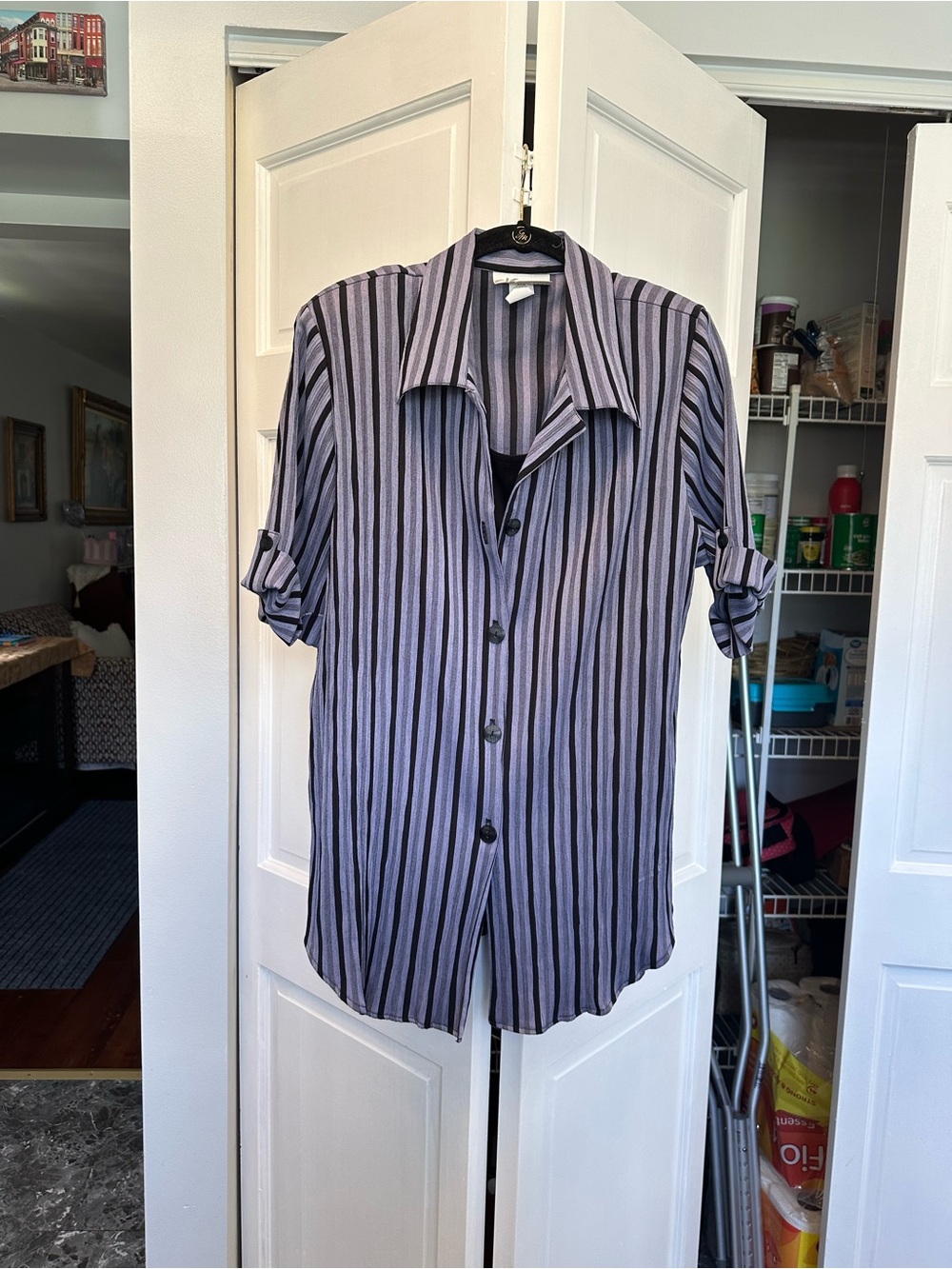 Dress Barn Lavender and Black Vertical Stripe Button-Down Shirt